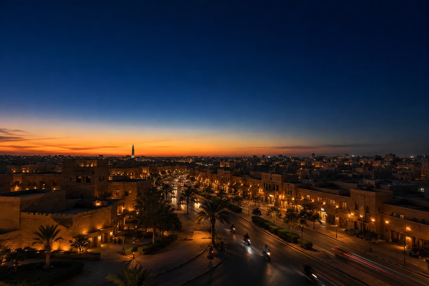 شارع في مدينة سعودية عند الغسق، مبان منخفضة ونخيل ودراجات توصيل