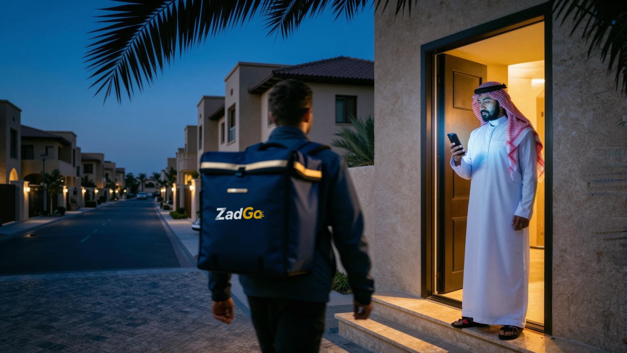 كابتن يحمل حقيبة زاد جو يقترب من باب منزل في حي سعودي عند الغسق، وصاحب البيت ينتظر وبيده جواله
