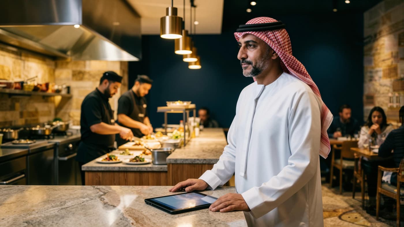 صاحب مطعم بثوبه وغترته أمام مطبخه المفتوح وضيوفه على الطاولات
